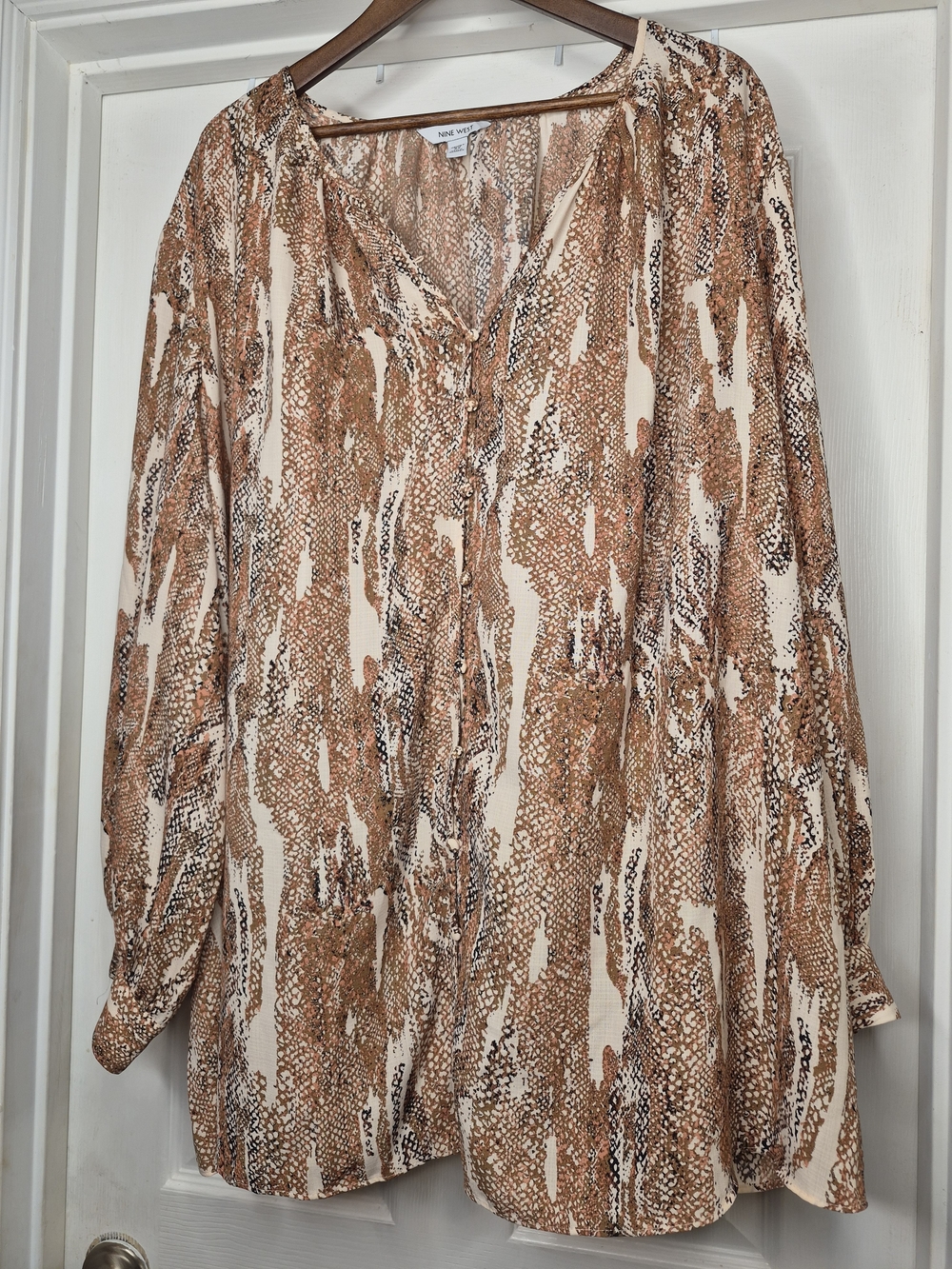 Nine West Cream & Brown Printed Long-Sleeve Blouse 5X NWT